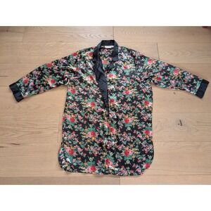 Vtg Victorias Secret‎ Floral Robe Kimono Satin Black Roses Medium gold tag